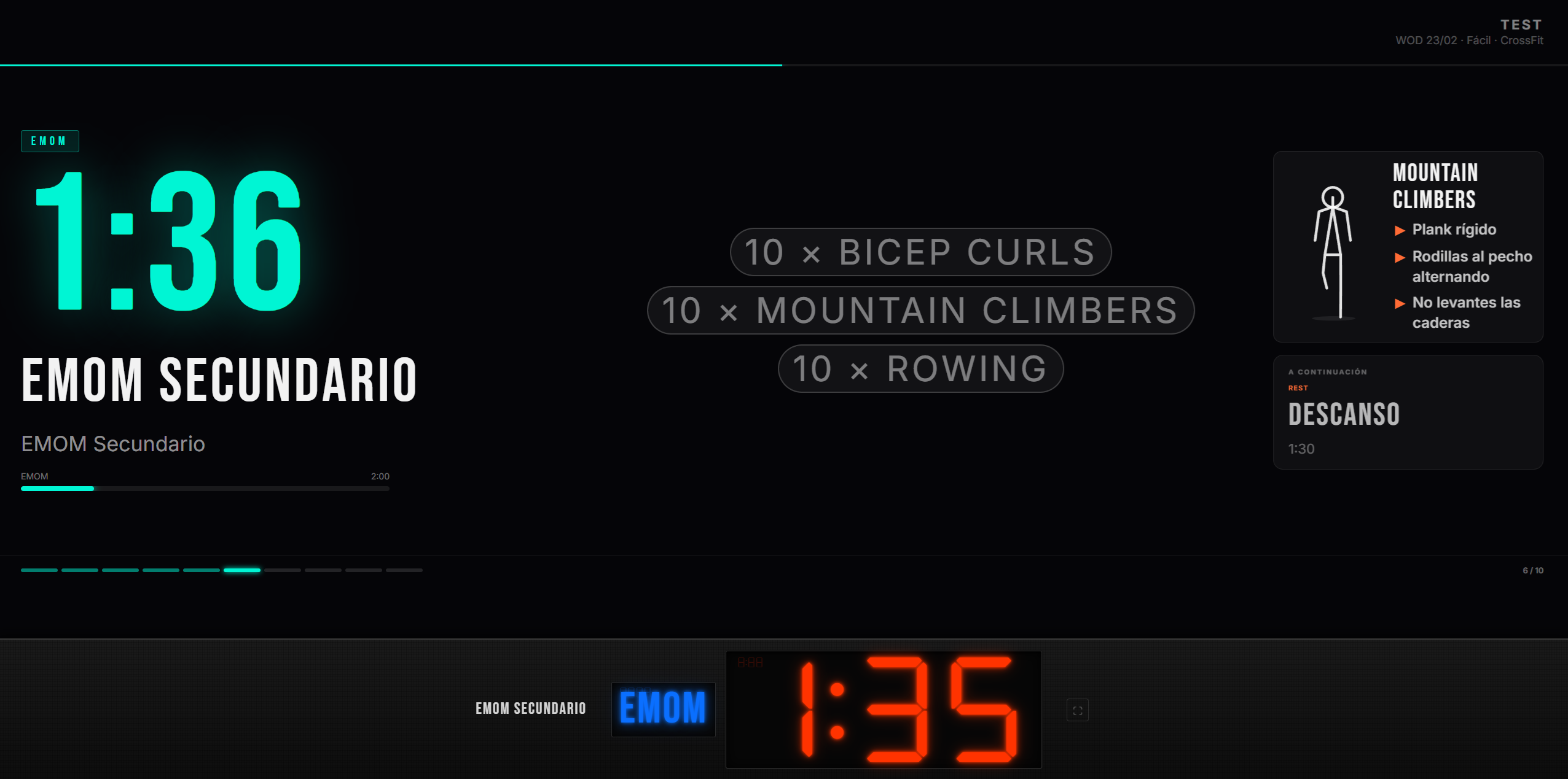 Pantalla de sala de gimnasio funcional - ejercicios y cronómetro HIIT sincronizados